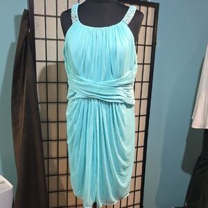 David's Bridal Turquoise Gathered Midi Dress